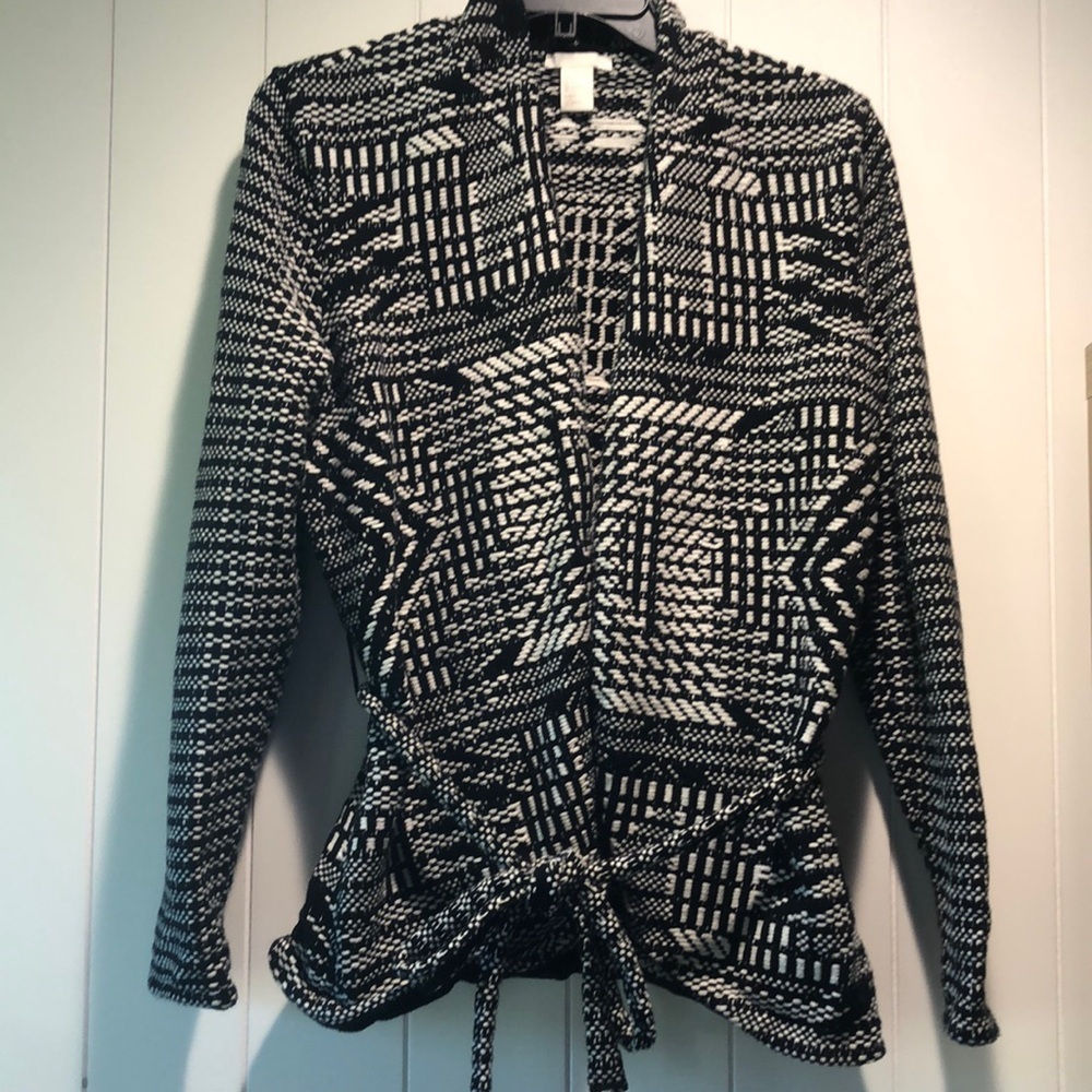 H&M woven cotton thick weave open cardigan belted waist black and white L